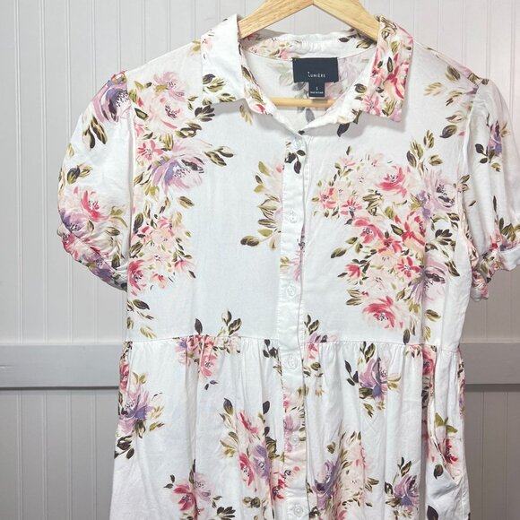 Lumiere Women's Floral Button Front Shirt White Pink Purple Short Sleeve Size - Picture 1 of 11